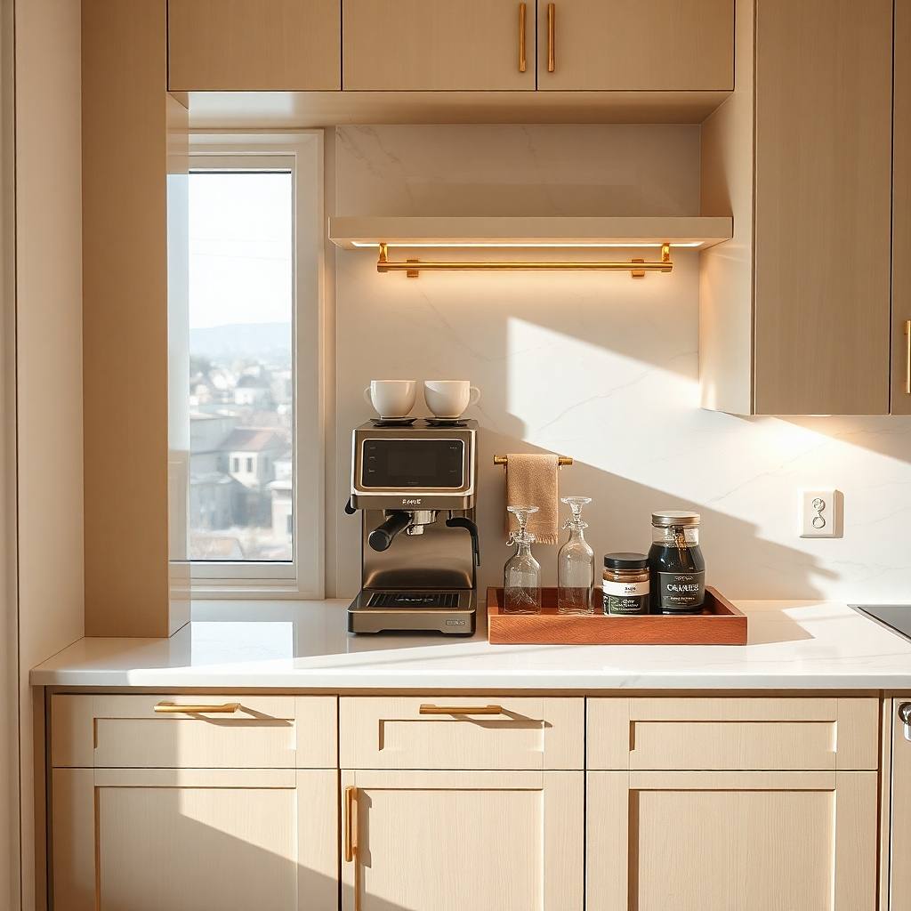 Coffee station with 20-inch gap and brass rail under upper cabinets