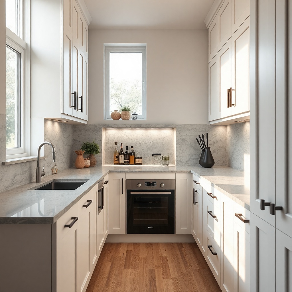 Small kitchen with 16-inch cabinet gap and recessed spice niche