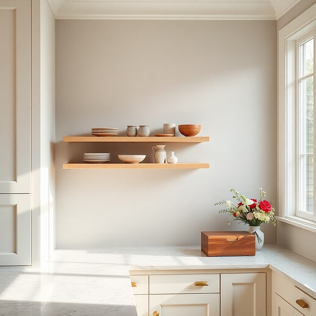 Airy kitchen wall with 24-inch gap and two narrow plate ledges