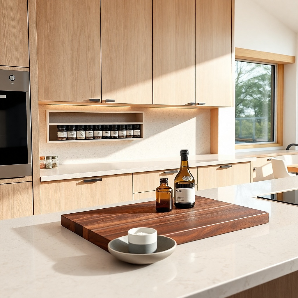 Upper cabinets with slim spice cubby strip above kitchen counter