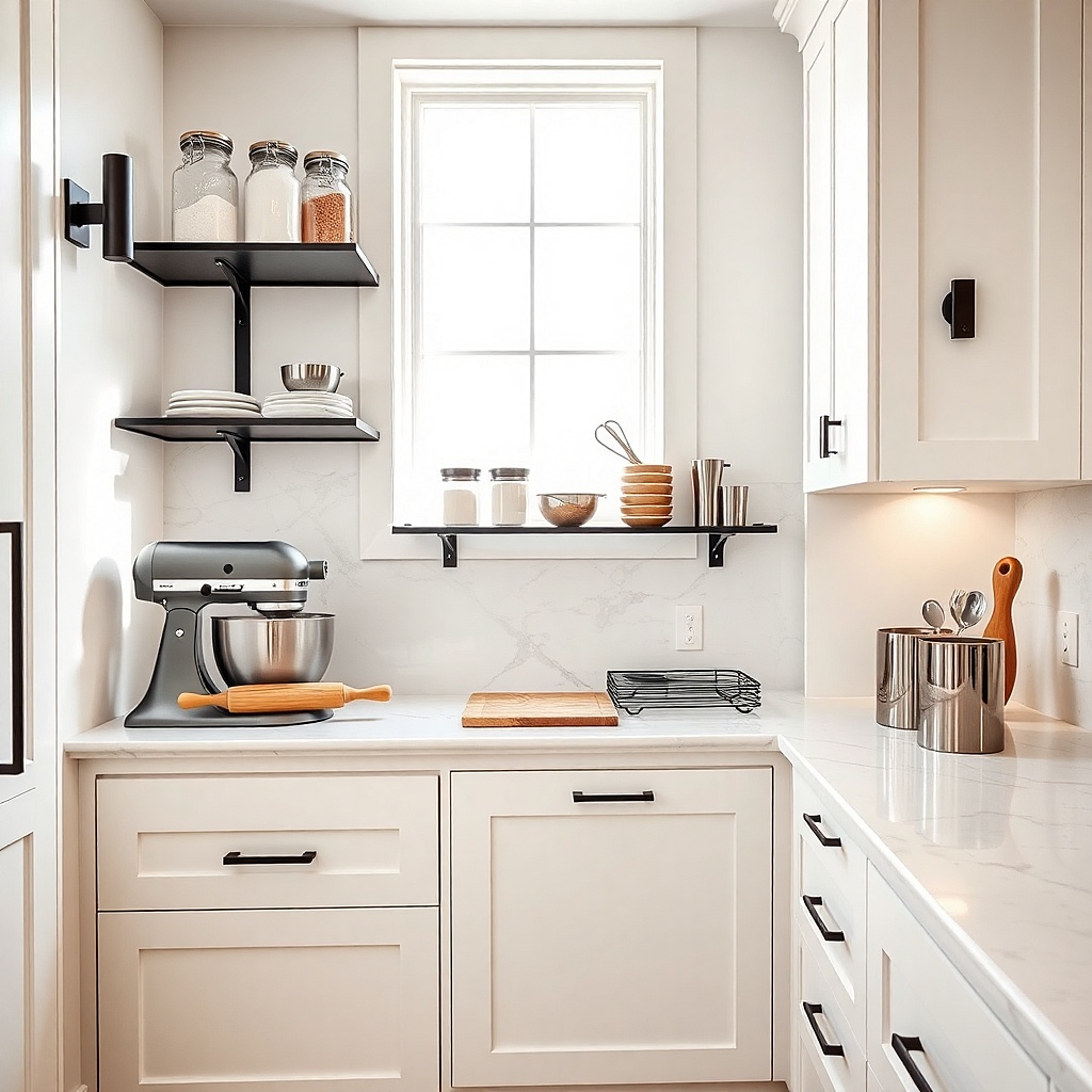 Baking counter with 21-inch gap and single black metal shelf