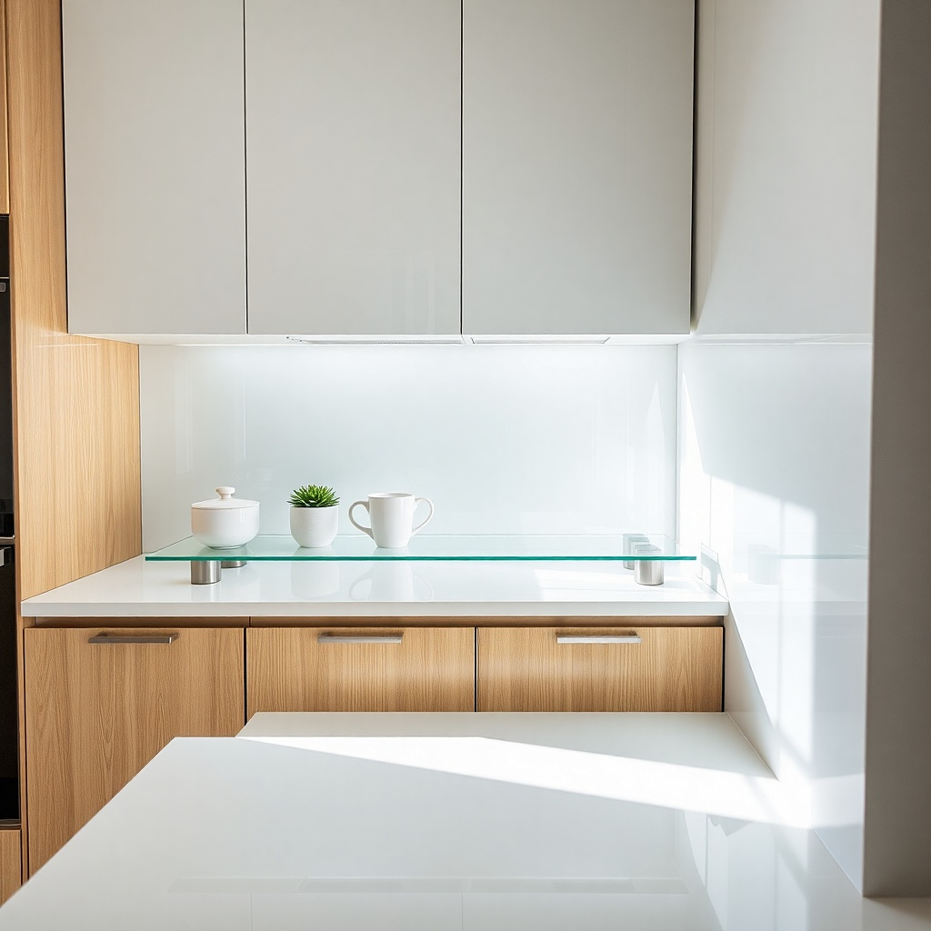 Small kitchen with glass shelf between counter and upper cabinets