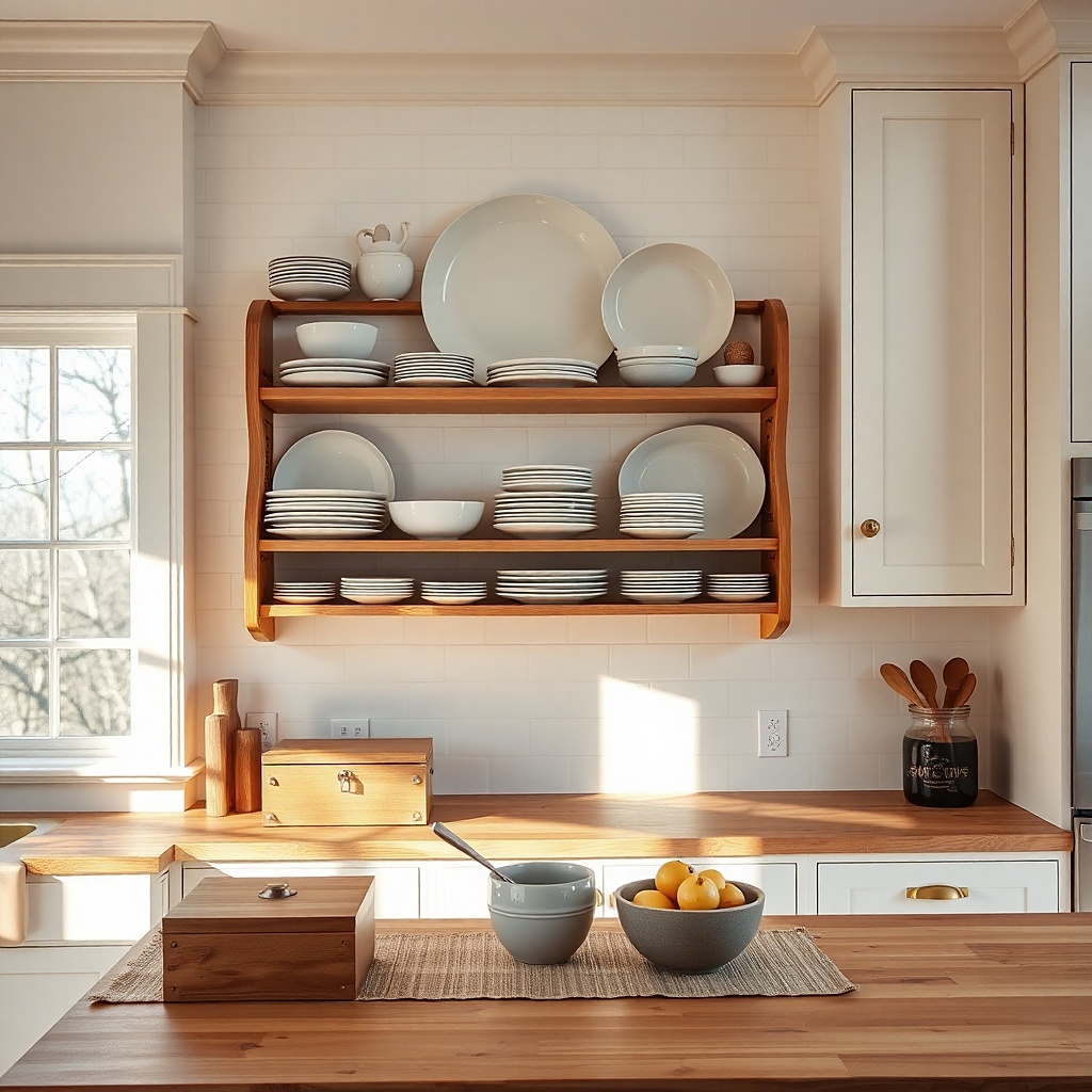 Farmhouse kitchen with 17-inch gap and narrow wooden plate rack