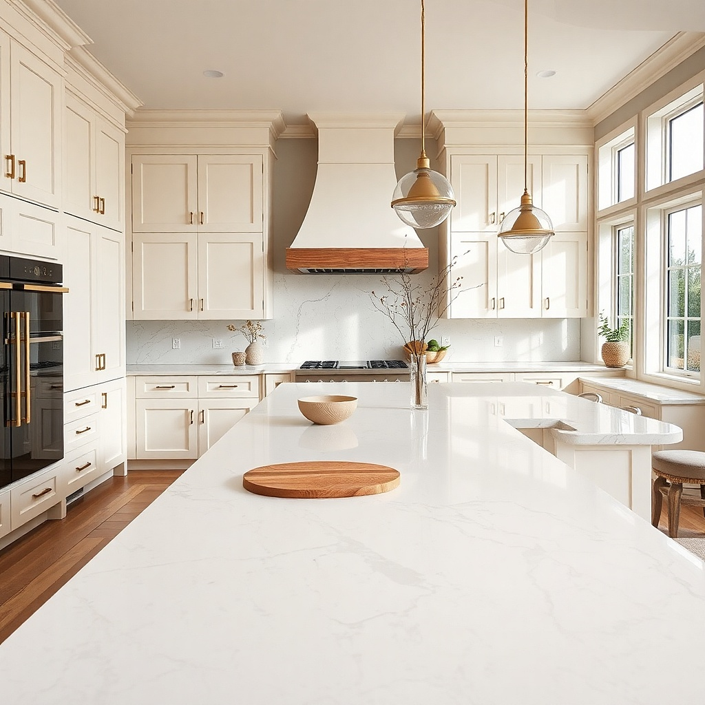 Warm white cabinets with ivory quartz countertop and brass hardware