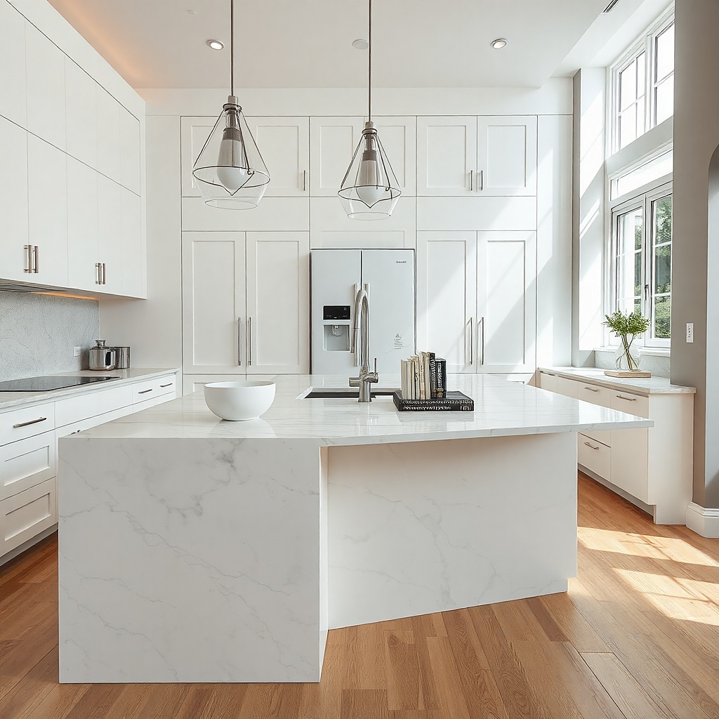Bright white cabinets with pale gray veined quartz counters