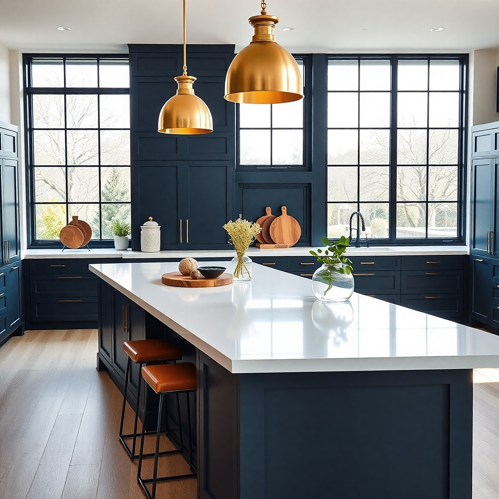 Navy lower cabinets with bright white quartz countertop