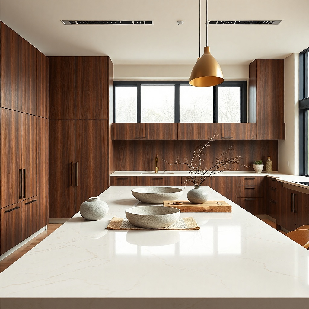 Walnut flat-panel cabinets with creamy stone-look porcelain counters