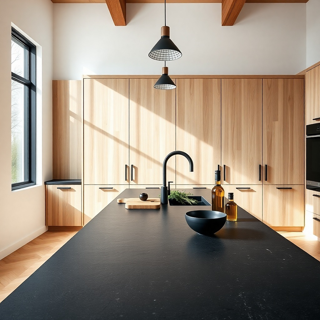 Light oak cabinets with matte black soapstone countertop