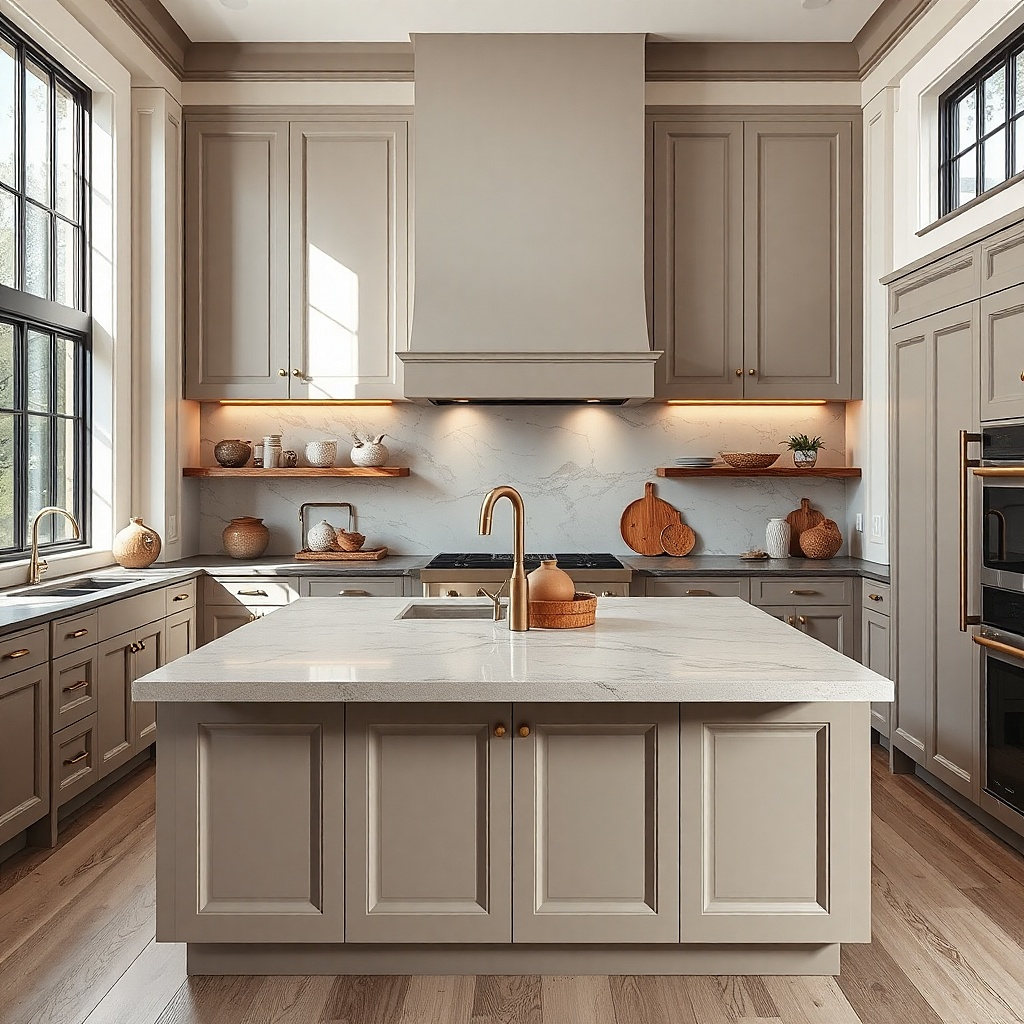 Greige cabinets paired with taupe quartz countertop
