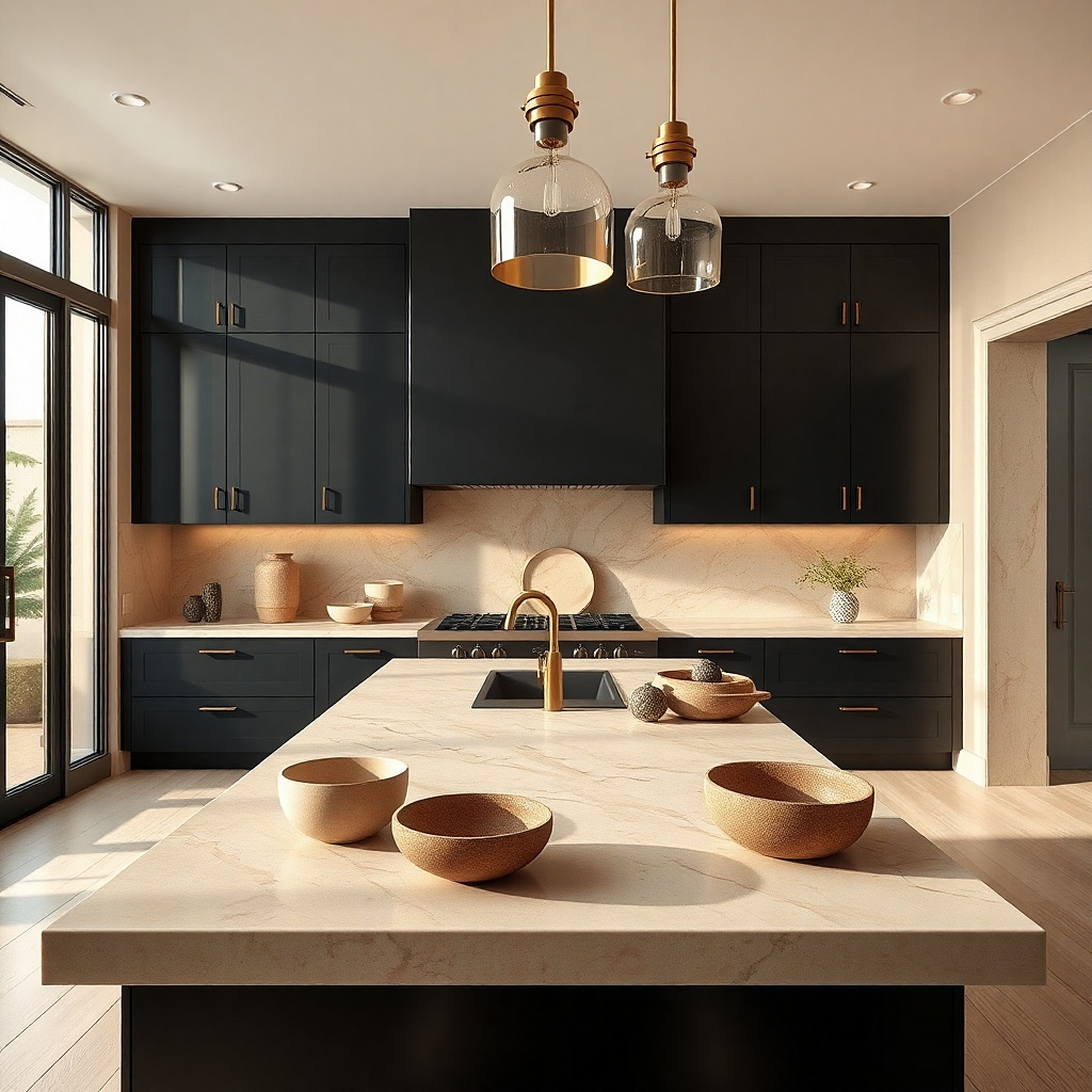 Black cabinets with creamy marble countertop and brass accents