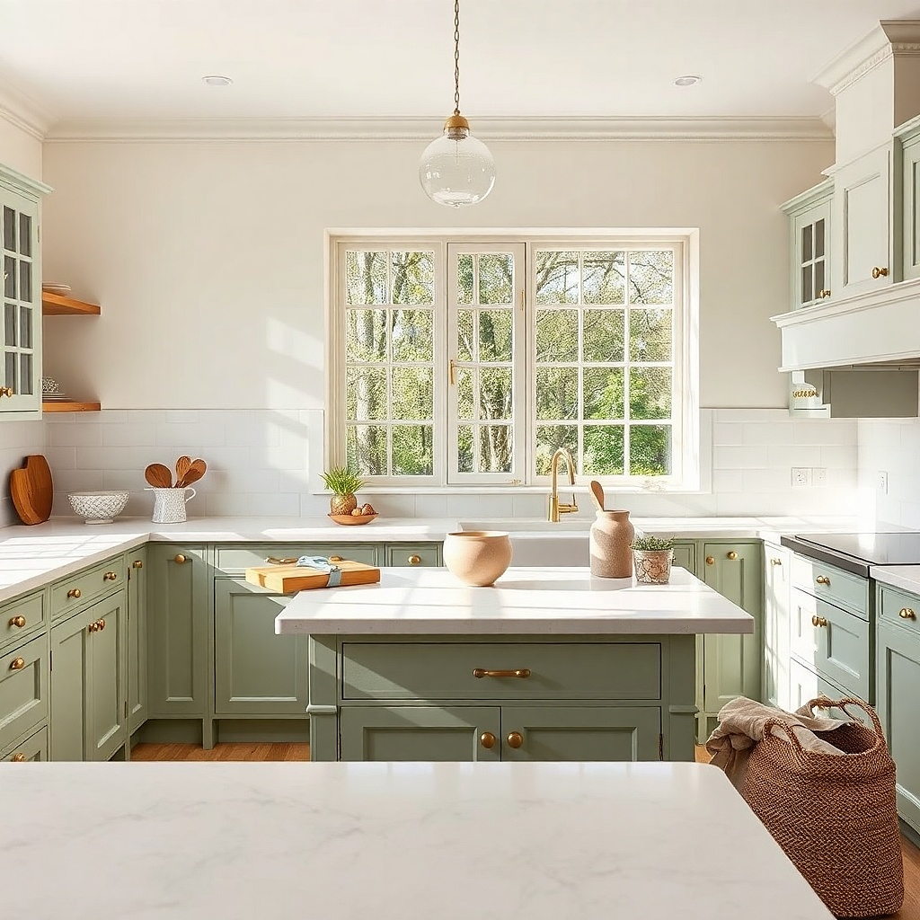 Sage green cabinets with off-white stone countertop