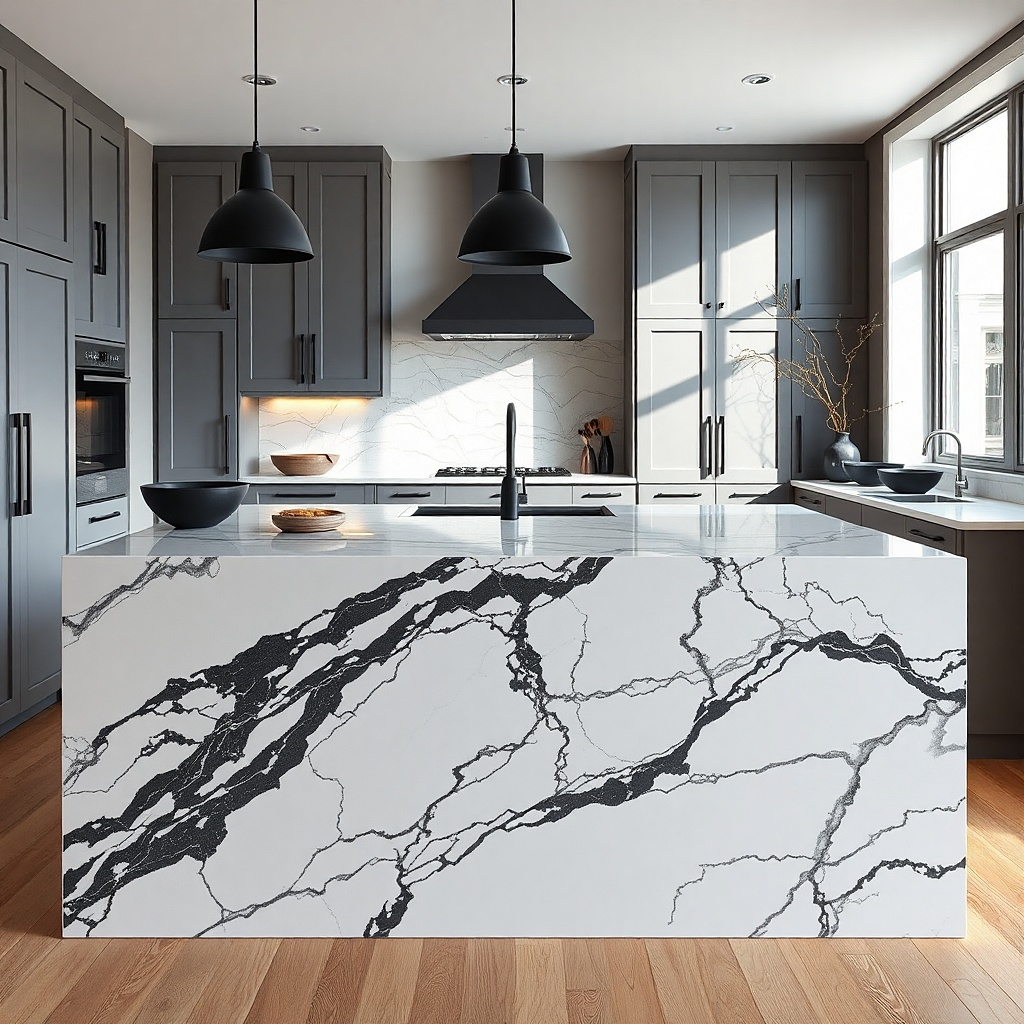 Medium gray cabinets with white stone counters and dark veining