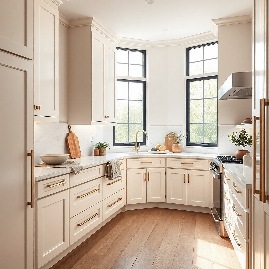 Small kitchen with pale cabinets and near-matching countertop