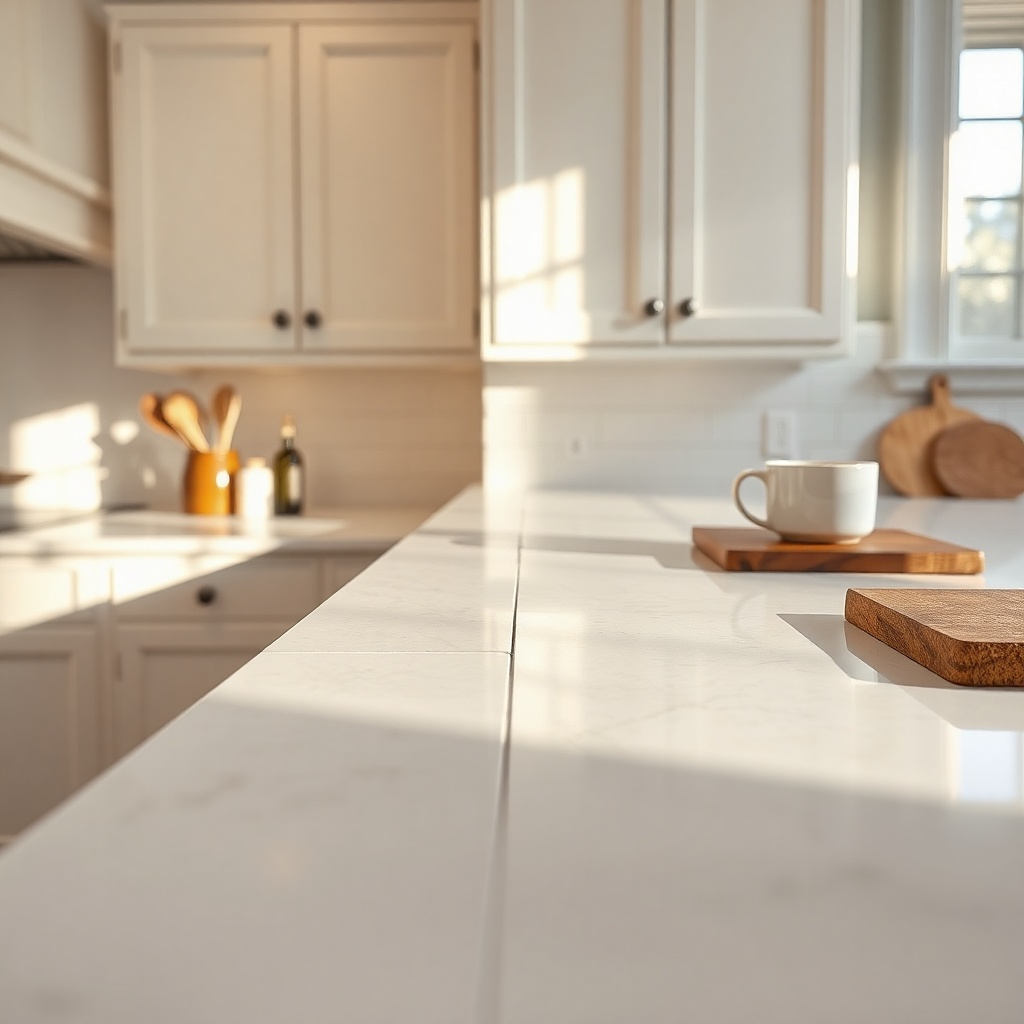 Small white caulk line between countertop and backsplash wall