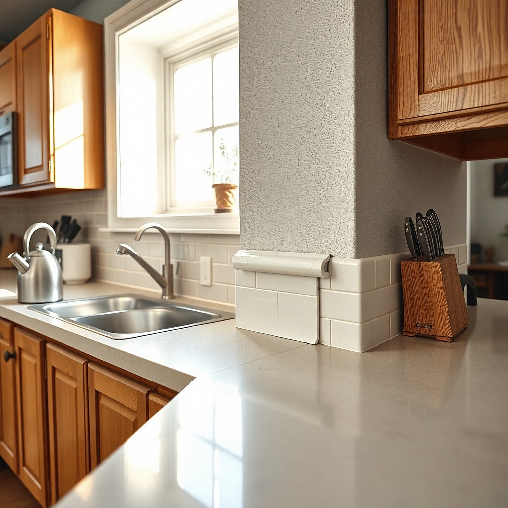 Paintable caulk seam above a countertop against a painted wall