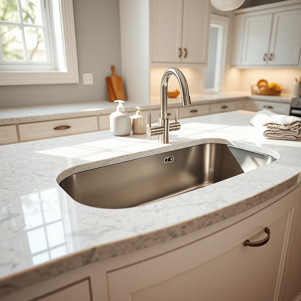 White flexible cove trim sealing the sink-side countertop seam
