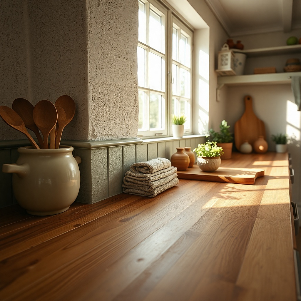 Slim oak batten strip along the back edge of a countertop