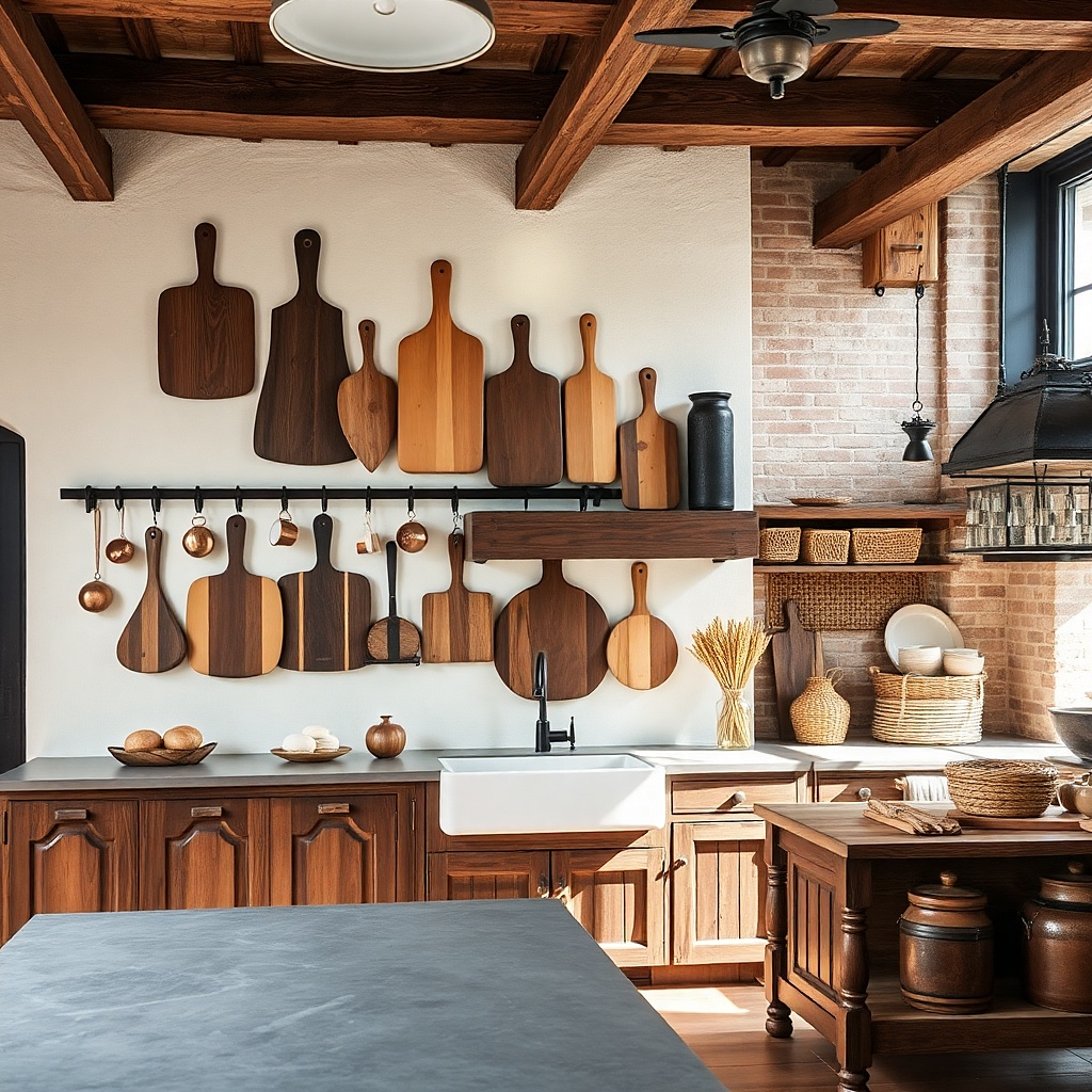 Three wooden cutting boards mounted on the wall with hooks