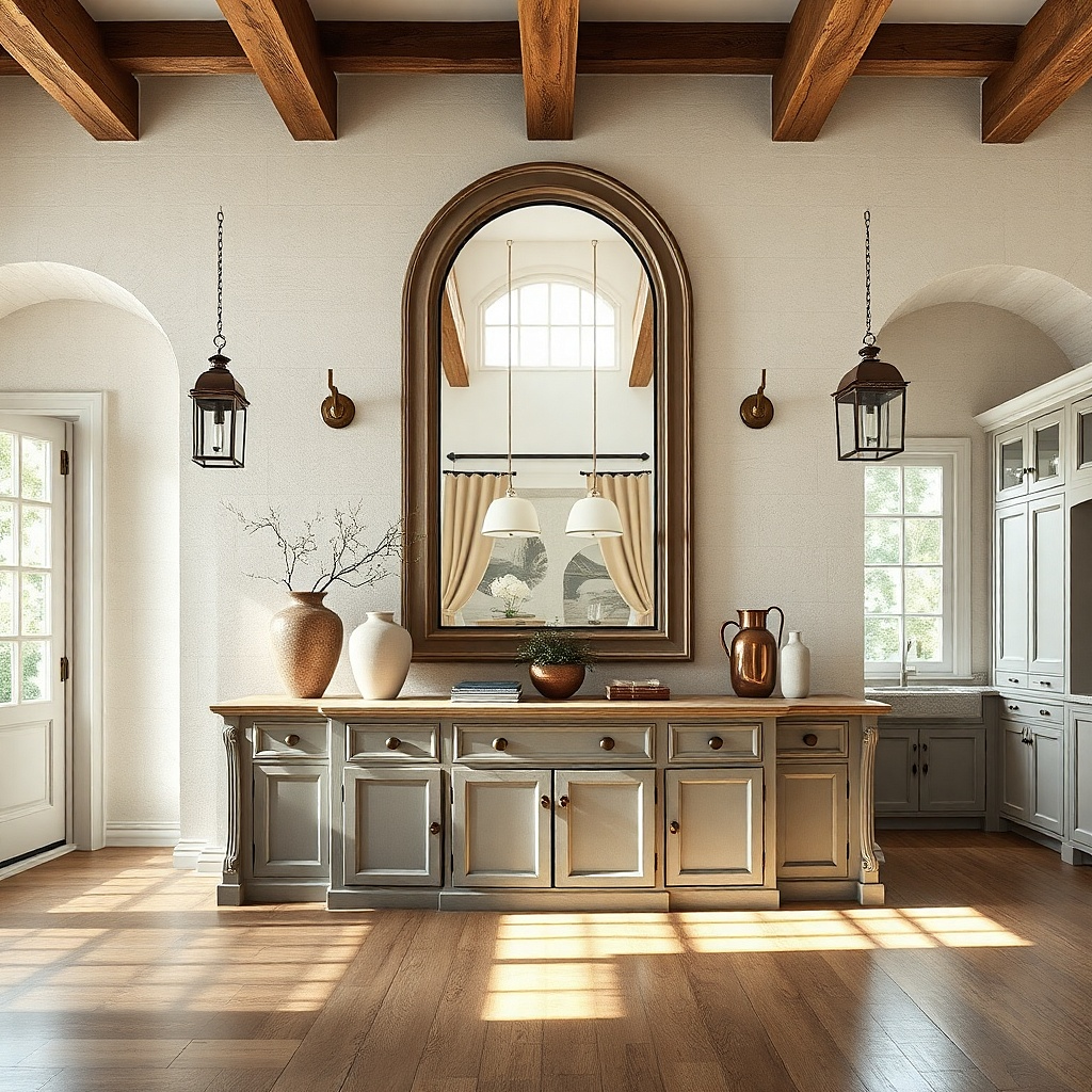 Worn wood framed mirror above a console in a kitchen