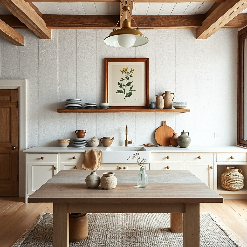 Small shelf with folded linen and plates, plus one framed print on wall