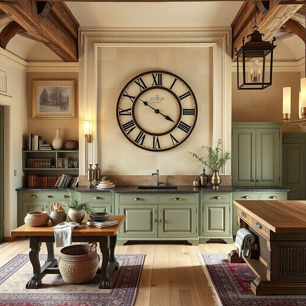 Roman numeral vintage wall clock with warm wood frame on kitchen wall