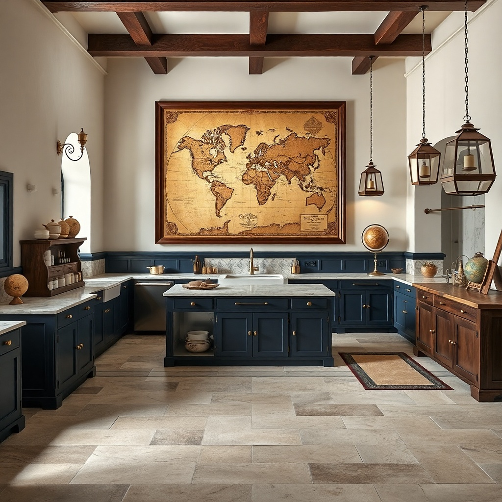 Warm wood framed antique map print hung in a kitchen