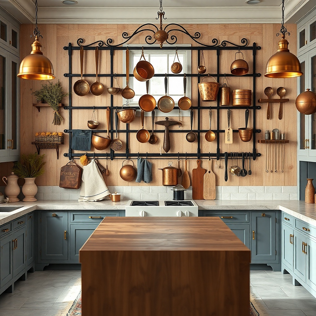 Copper strainers and ladles arranged on an aged wood grid