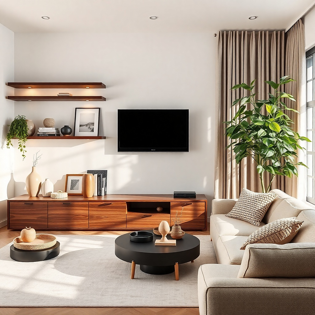 Light wood floating shelves spanning a TV wall with warm decor