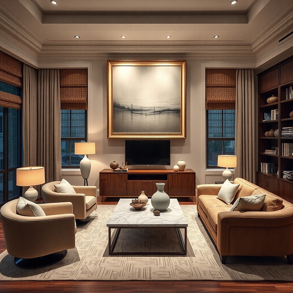 Large framed artwork above a TV with matching warm wood tones