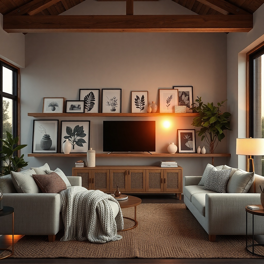 Picture ledge with small frames and ceramics surrounding a TV