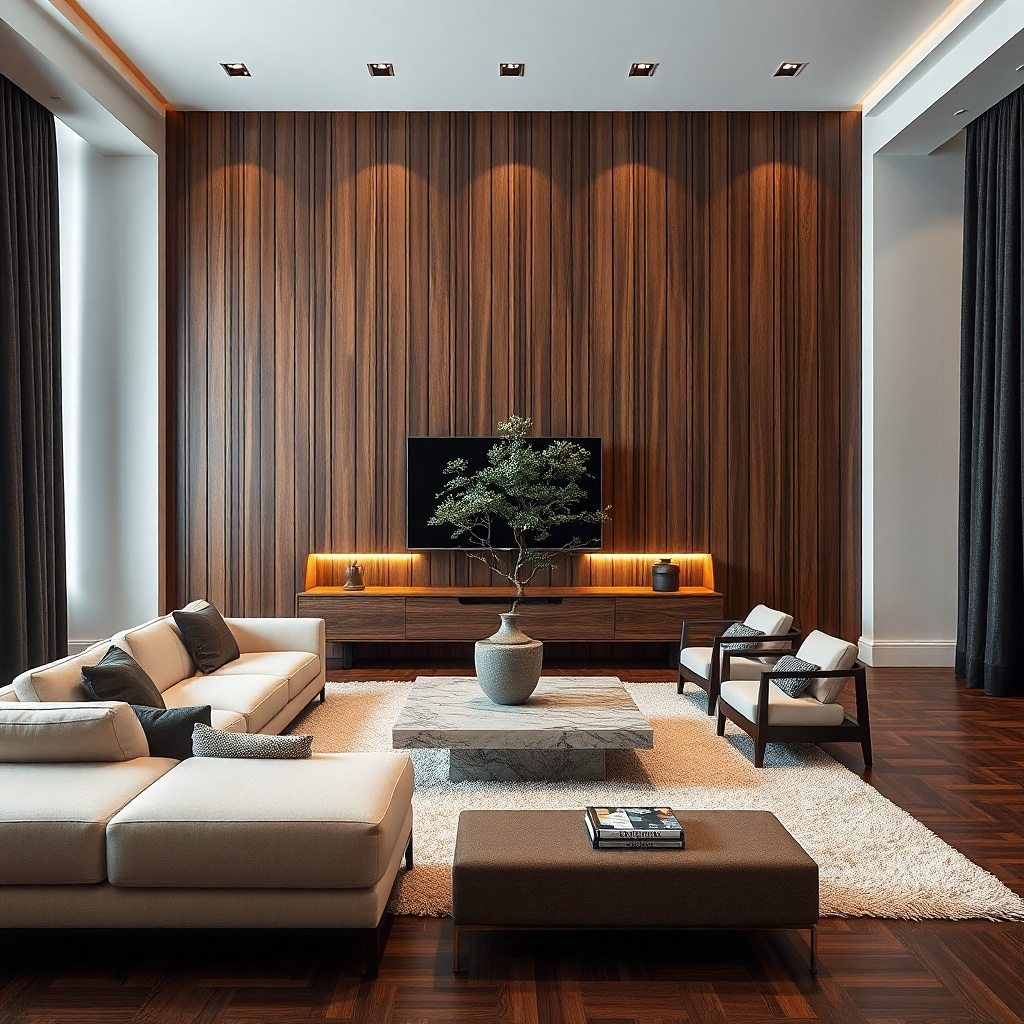 Walnut wood slats behind a TV with soft warm light strips