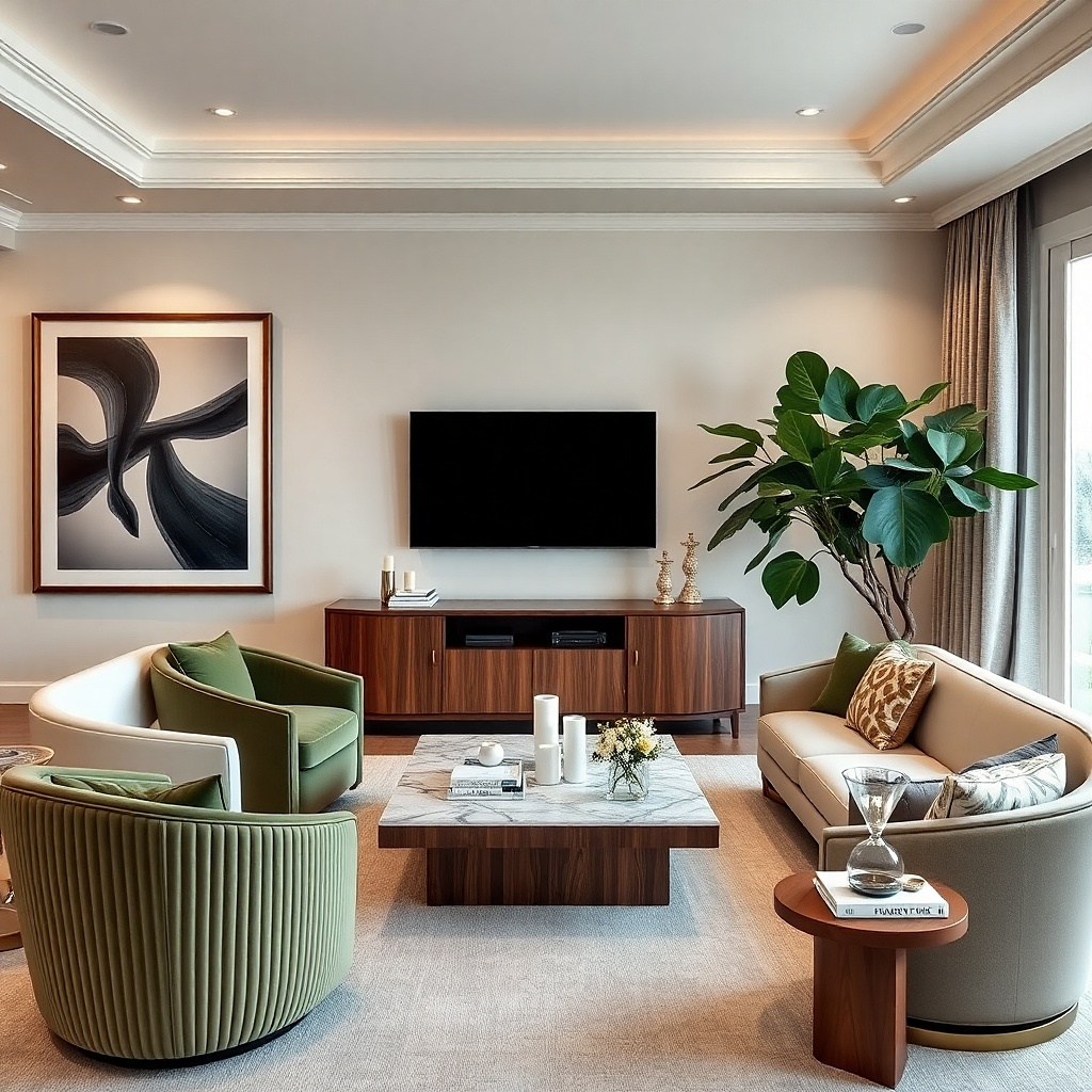 Two large frames on either side of a TV with warm neutrals