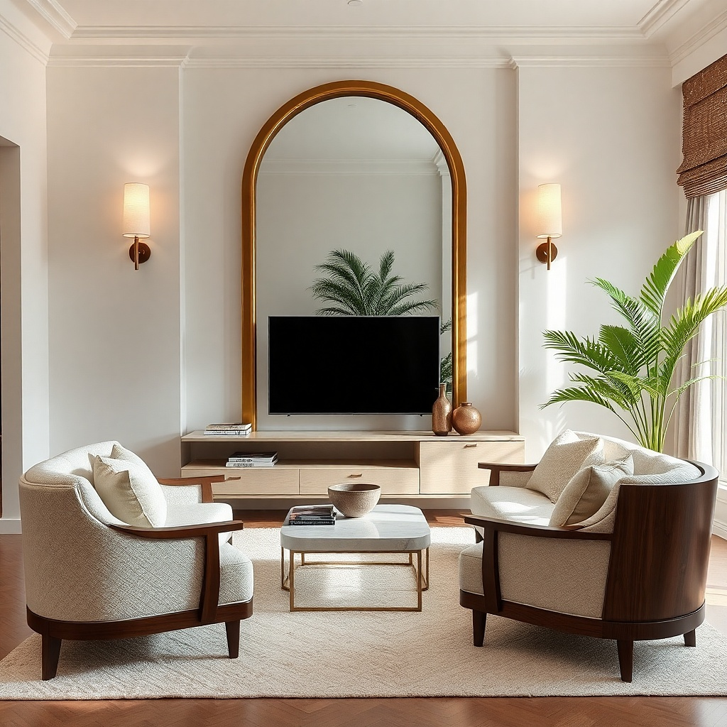 Large round mirror above a TV with two warm wall sconces