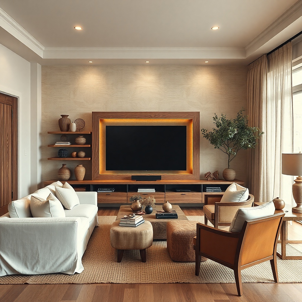 Reclaimed wood frame around a TV with warm textured boards