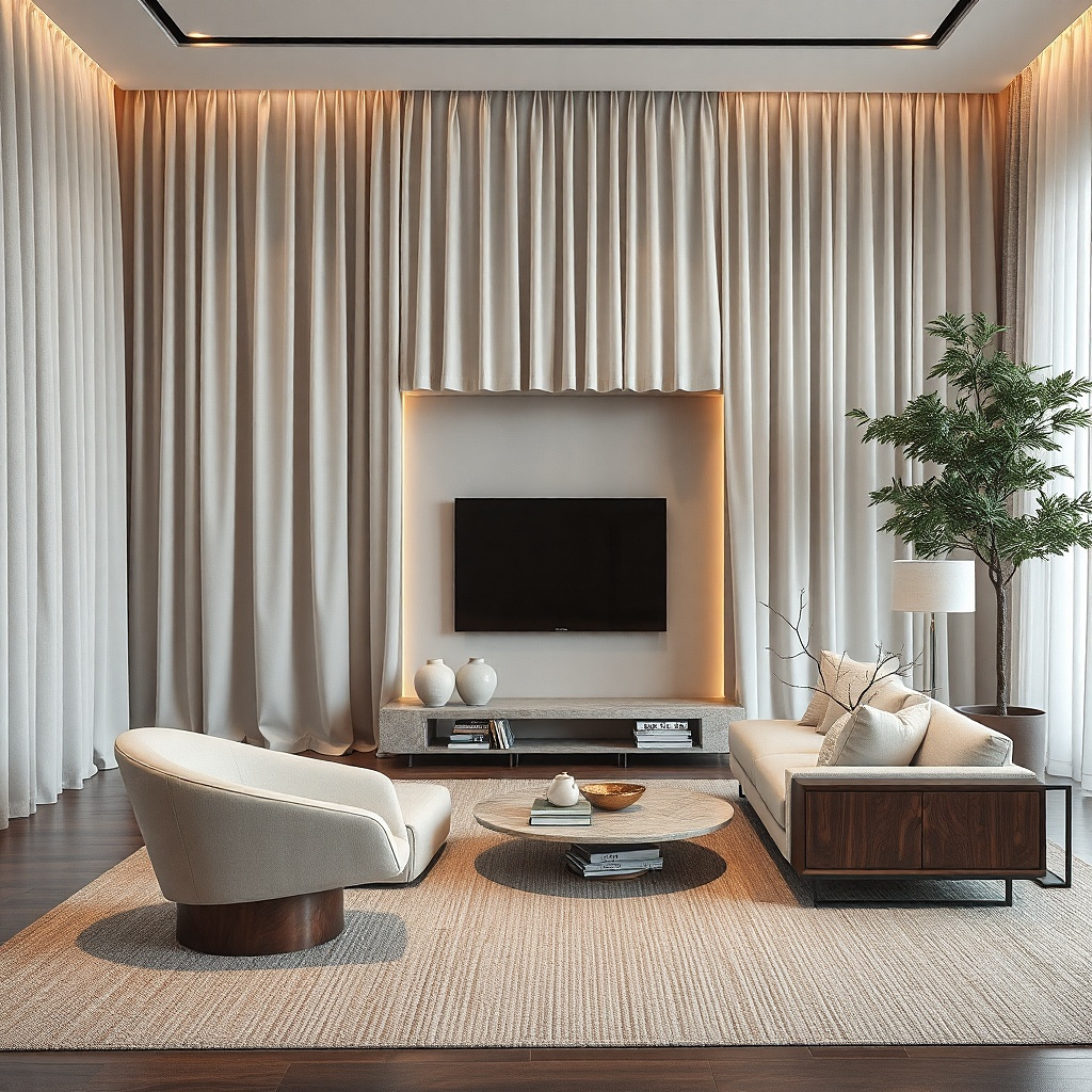 Soft fabric panels around a TV niche with warm neutral drape