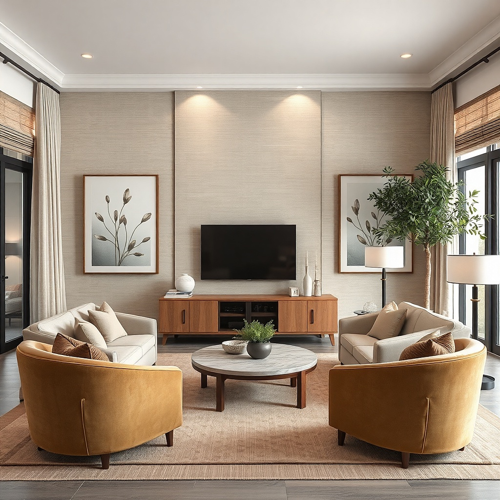 Bold wallpaper rectangle behind TV with simple framed art above