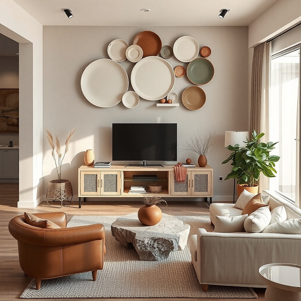 Decorative ceramic plates arranged in a cluster above a TV