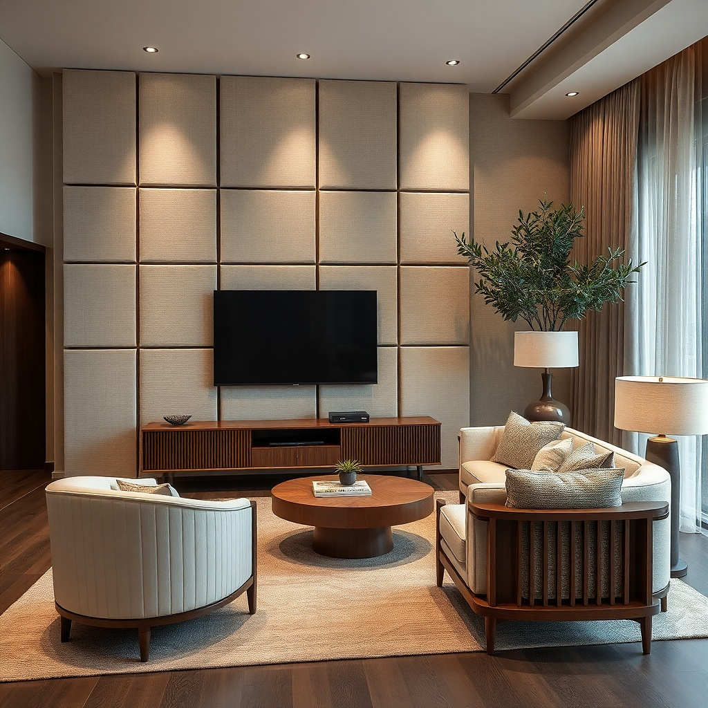 Framed textile pieces on a board behind a TV with warm tones