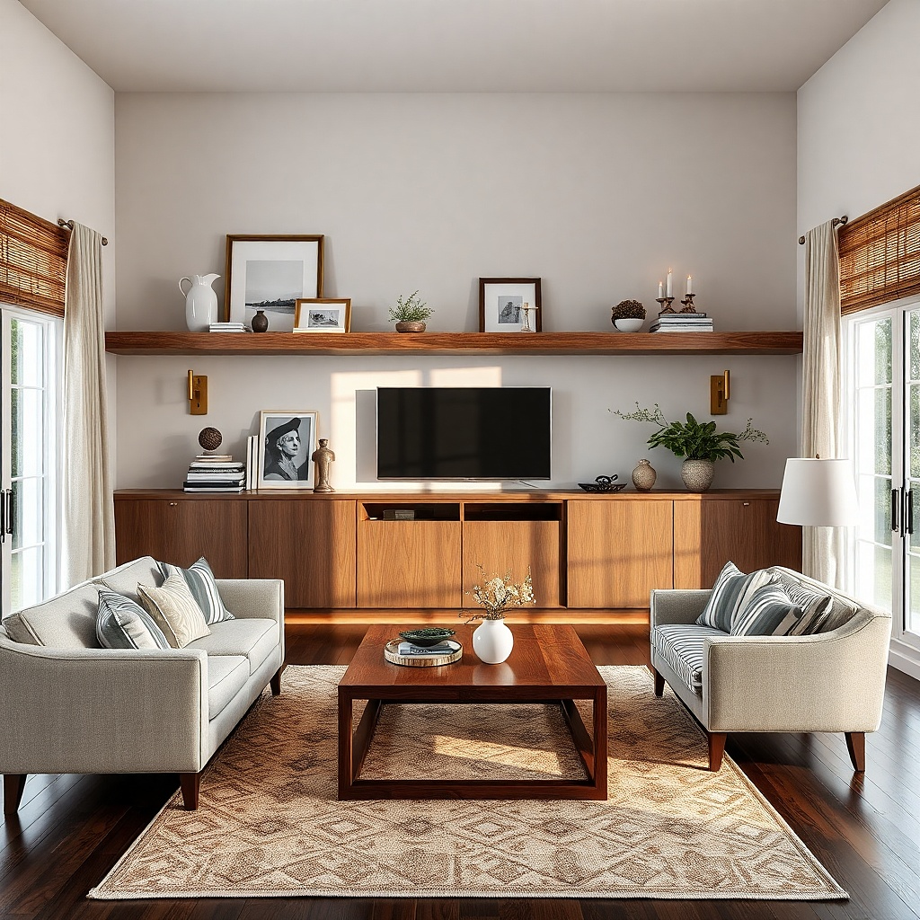 Wide mantel shelf spanning a TV wall with books and candles