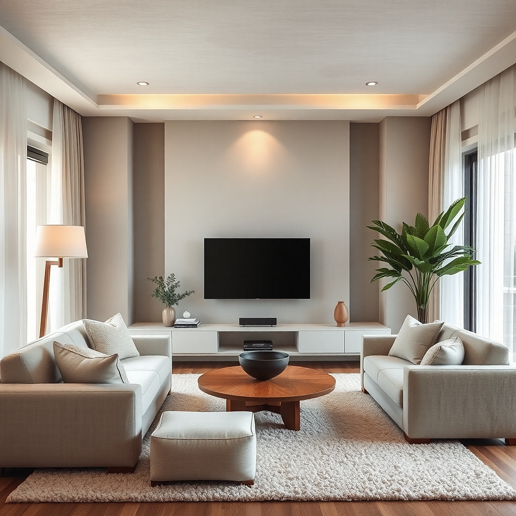 TV between floor lamps with a soft curtain panel on one side