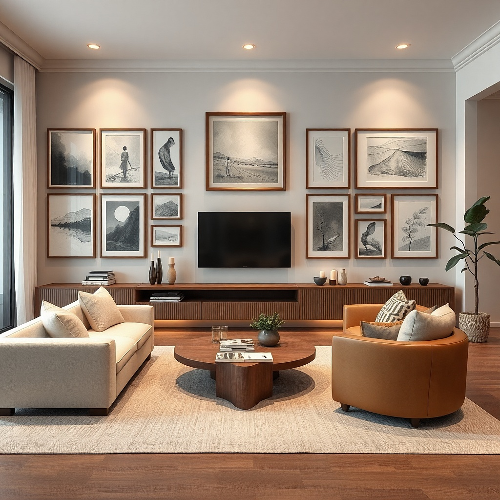 Grid-like gallery wall with TV in the center and calm spacing