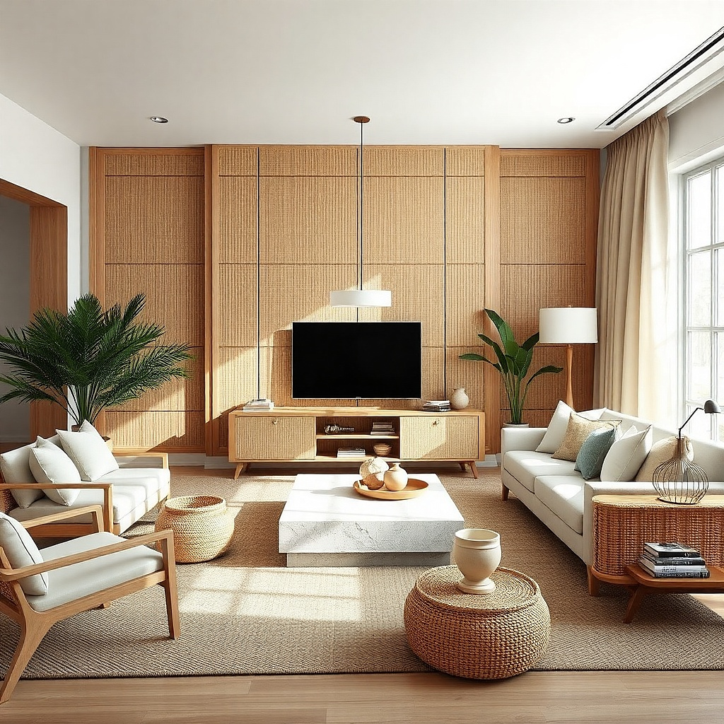 Woven cane screen behind a TV for warm texture