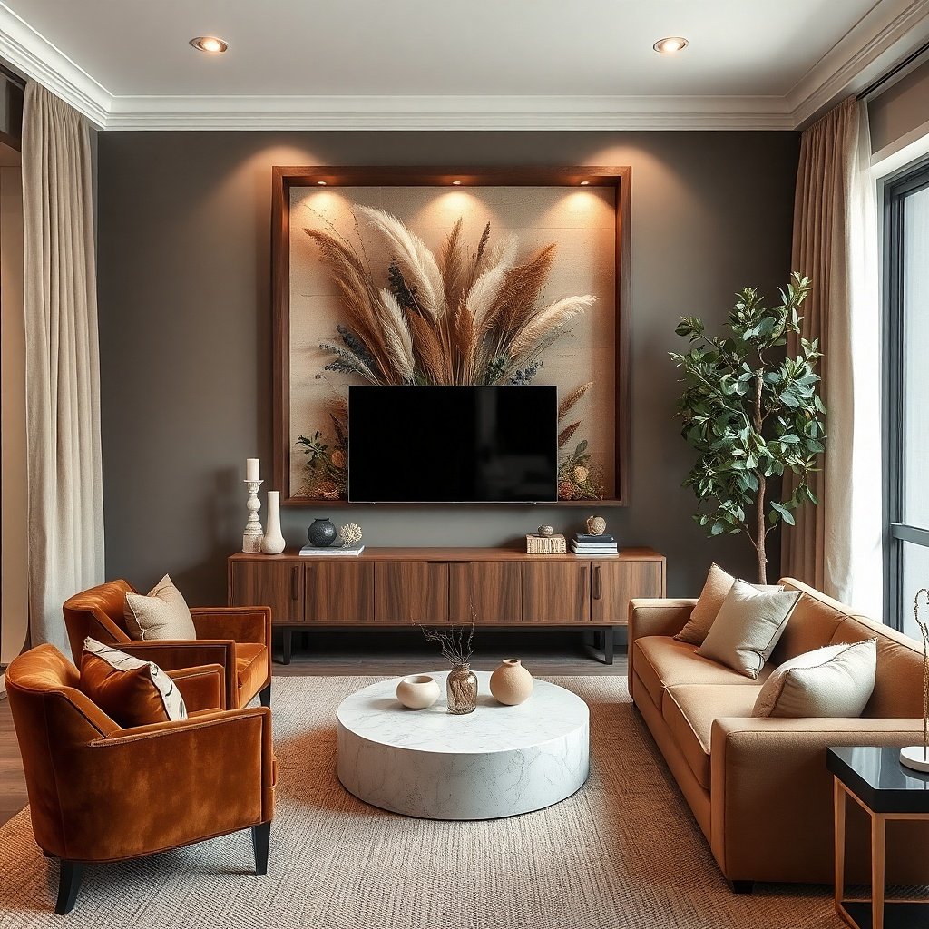Large shadowbox with dried florals above a TV