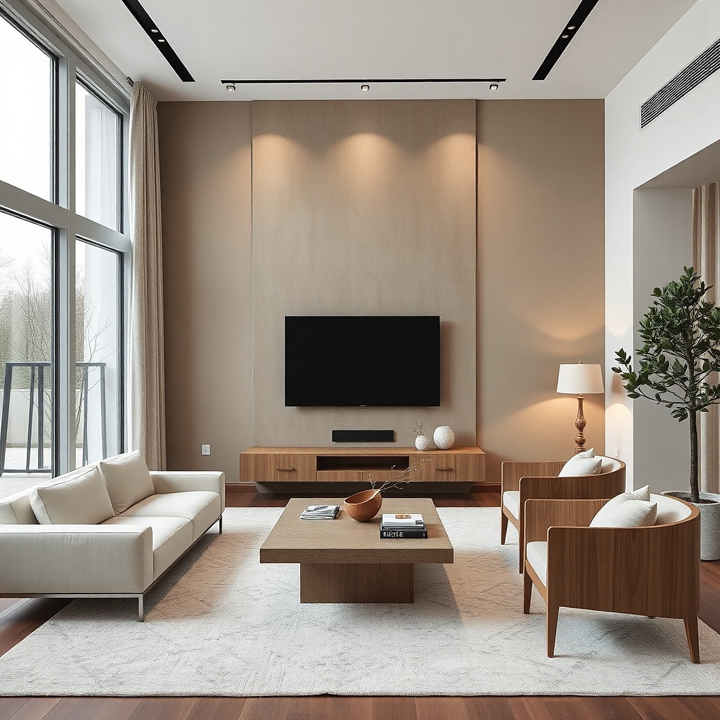 Warm neutral paint with a lighter band behind a TV