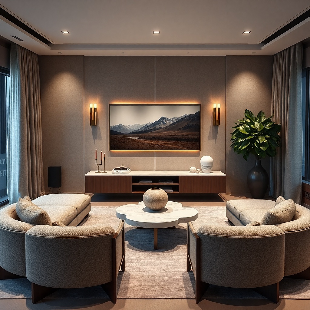Two sconces on either side of TV with a long framed art strip