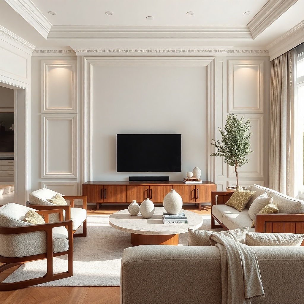 White plaster-look panel framed around a TV with clean lines