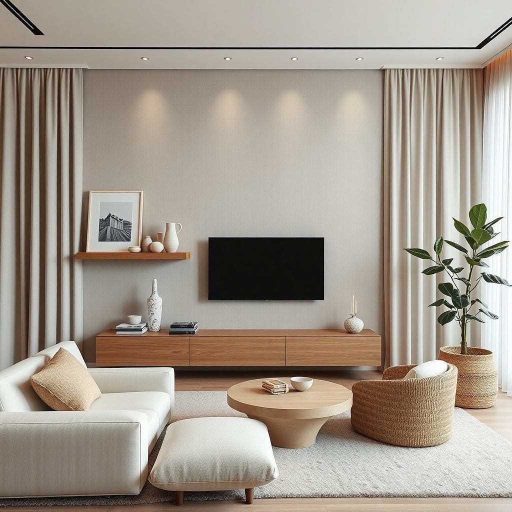 Small ledge under a TV with a soft valance curtain above