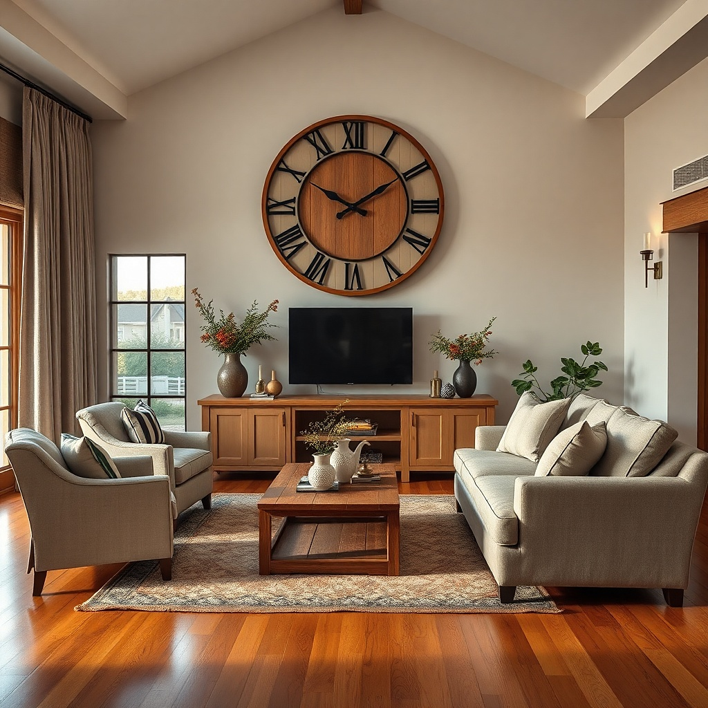 Large round clock above a TV in warm wood tones