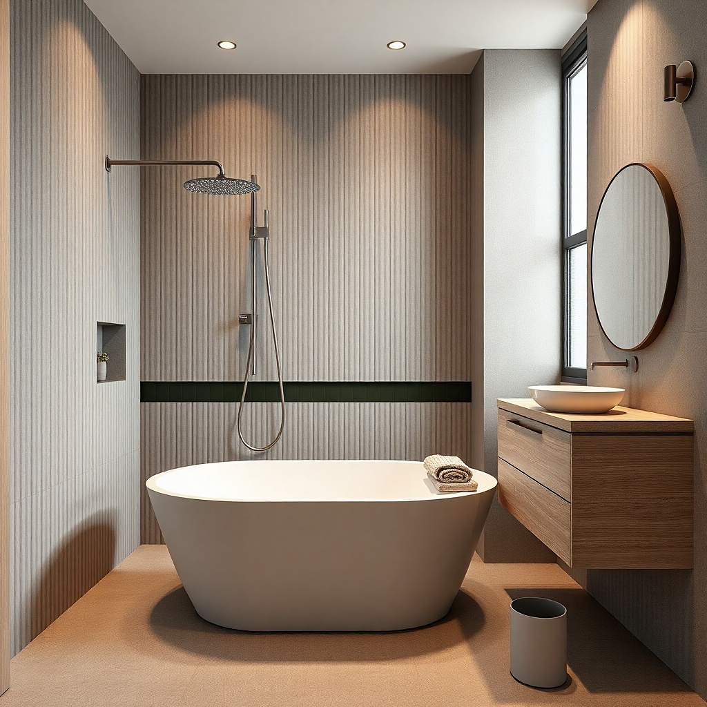 Small bath with a compact walk-in tub and a shower head mounted above the rim