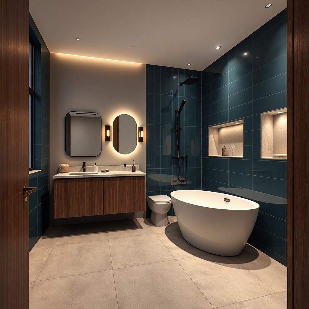 Corner tub with a clear diagonal glass panel and warm beige tile walls